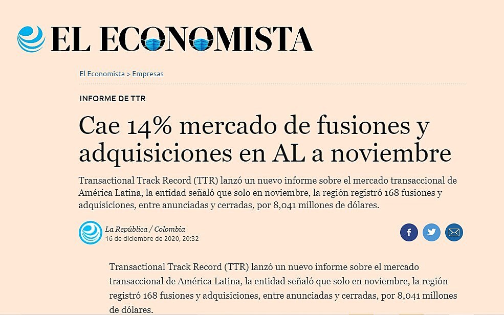 Cae 14% mercado de fusiones y adquisiciones en AL a noviembre